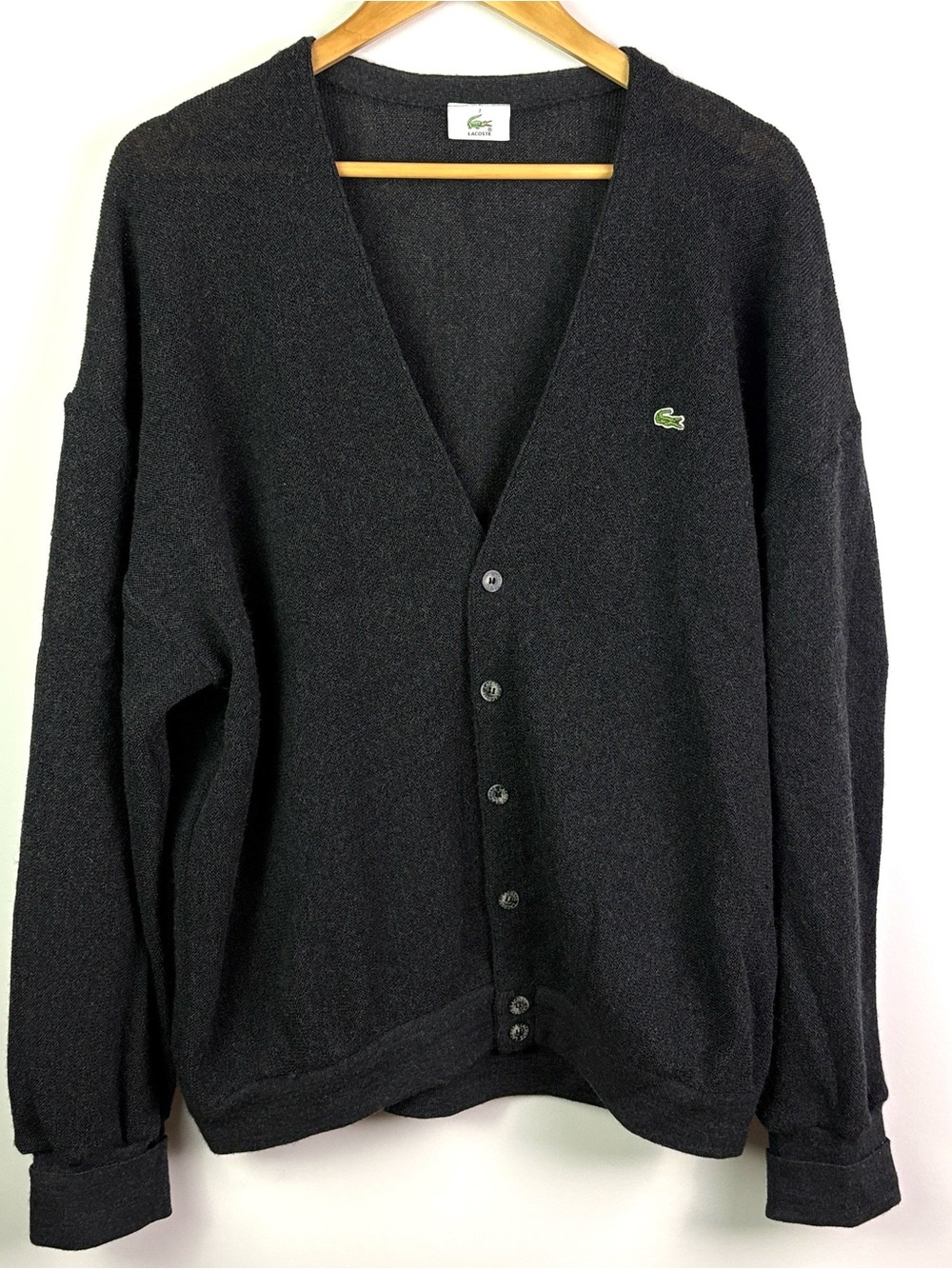 Lacoste Black/grey Button-Up V-Neck 100% wool Cardigan size XXL